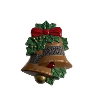 Vintage Christmas Bells Holly Berry Brooch Pin Plastic Not Tested